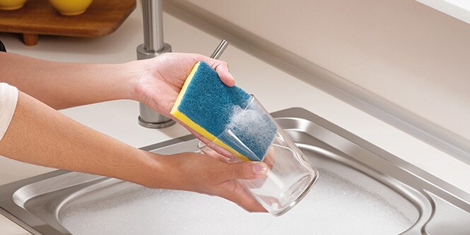 Washing glass with Scotch-Brite® Delicate Non-Scratch Scrub Sponge
