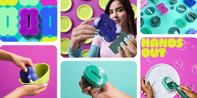 Brite by Scotch-Brite™ image collage showing scrubbers with and without sponge stands, and dishwands in use on bright, colourful backgrounds.
